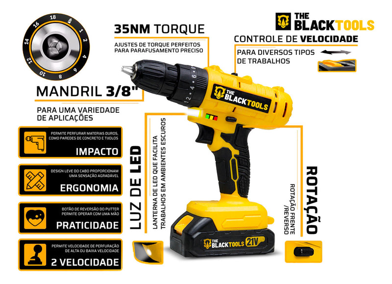Parafusadeira E Furadeira De Impacto 3/8 The Black Tools Tb21-pz Com 2 Baterias E Acessorios