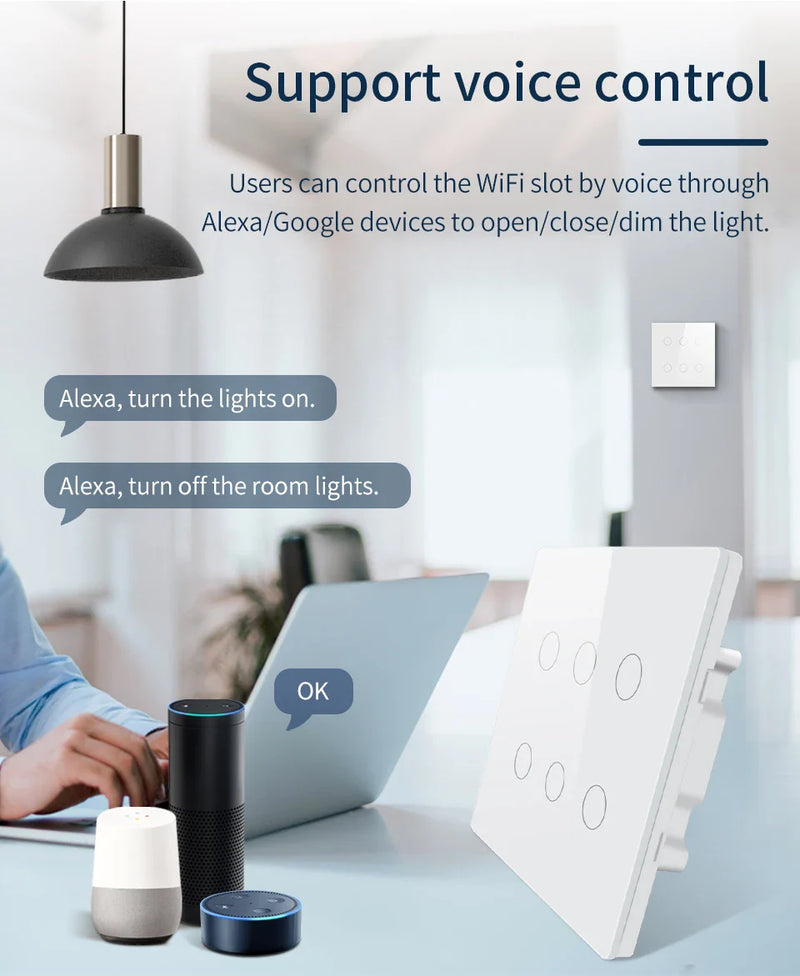 Interruptor Inteligente Tuya WiFi Padrão 4x4 – 4/6/8 Teclas Touch com Controle por Voz (Alexa/Google Home)