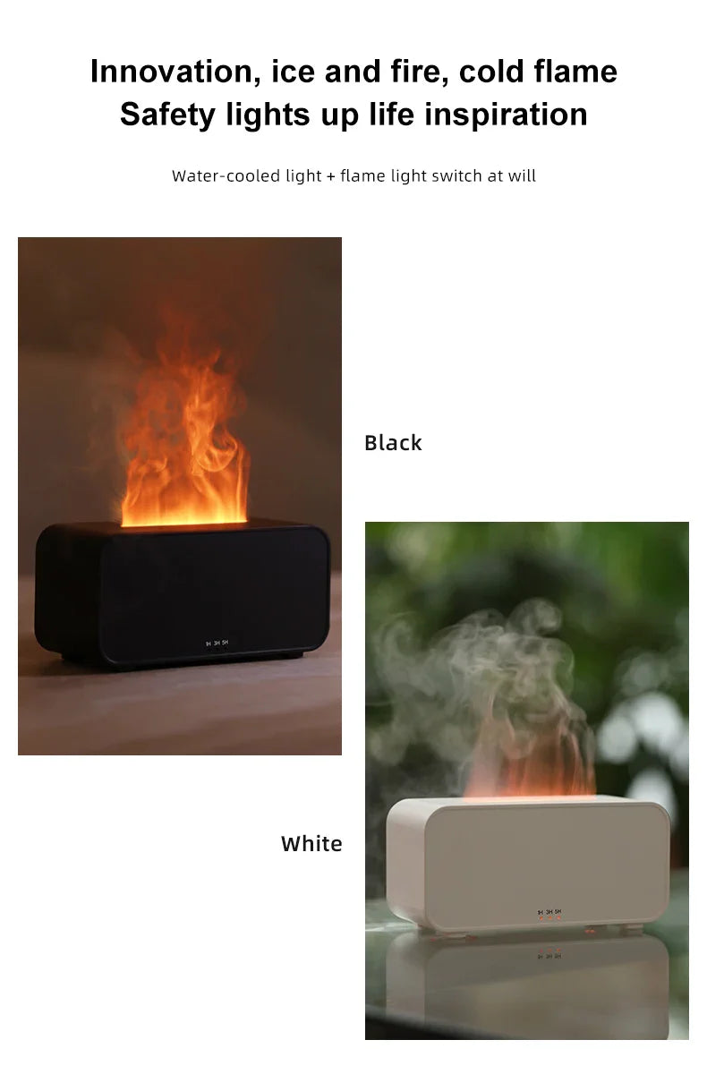 Mini Difusor de Aromas & Umidificador – Chama de LED + Névoa Ultrassônica