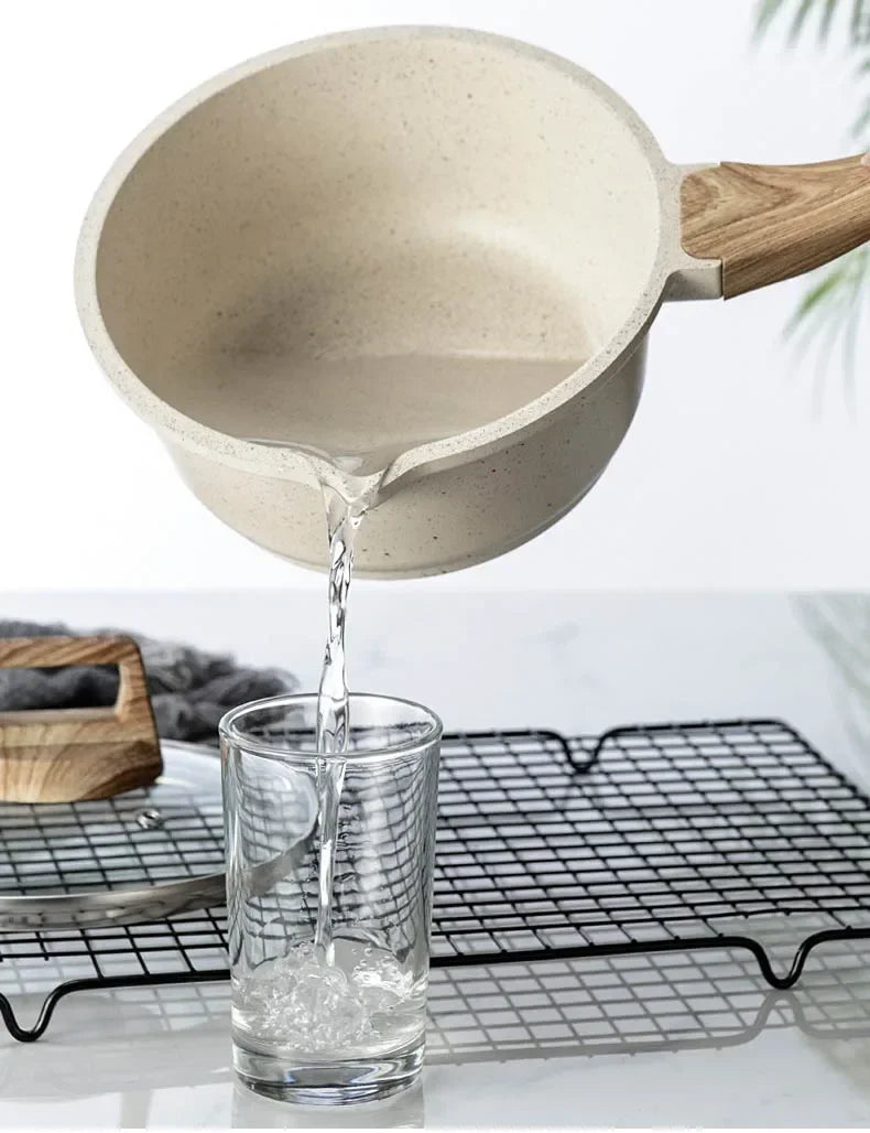 Conjunto de Panelas Antiaderente Maifan Stone – Frigideira, Panela de Leite e Panela de Sopa com Cabo de Madeira