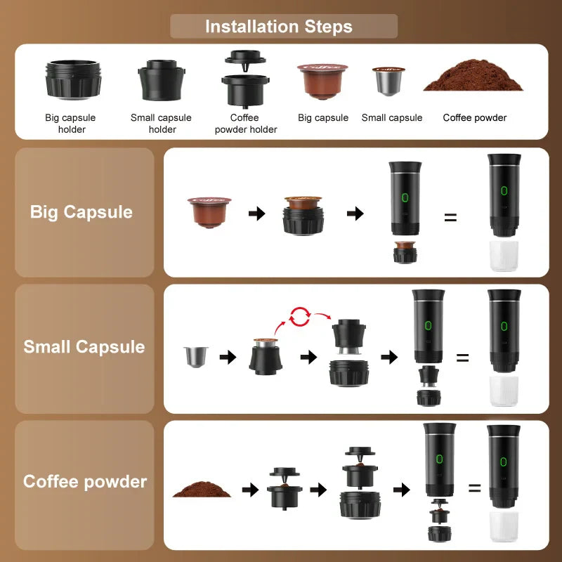 Máquina de Café Espresso Portátil 3 em 1 – 20 Bares de Pressão, Recarregável via USB, Para Cápsulas e Café Moído