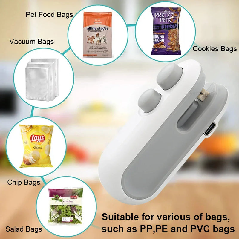 Mini Selador de Sacos 2 em 1 – Recarregável, Portátil com Cortador, Mantém Alimentos Frescos