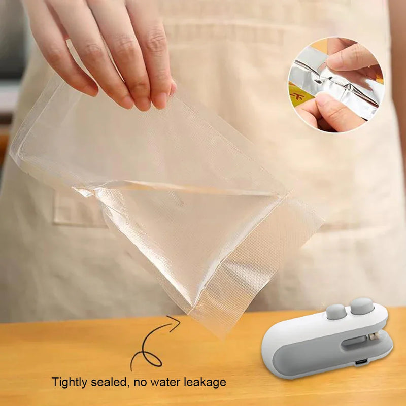 Mini Selador de Sacos 2 em 1 – Recarregável, Portátil com Cortador, Mantém Alimentos Frescos