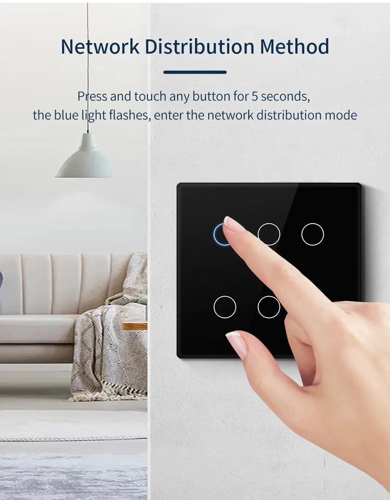 Interruptor Inteligente Tuya WiFi Padrão 4x4 – 4/6/8 Teclas Touch com Controle por Voz (Alexa/Google Home)