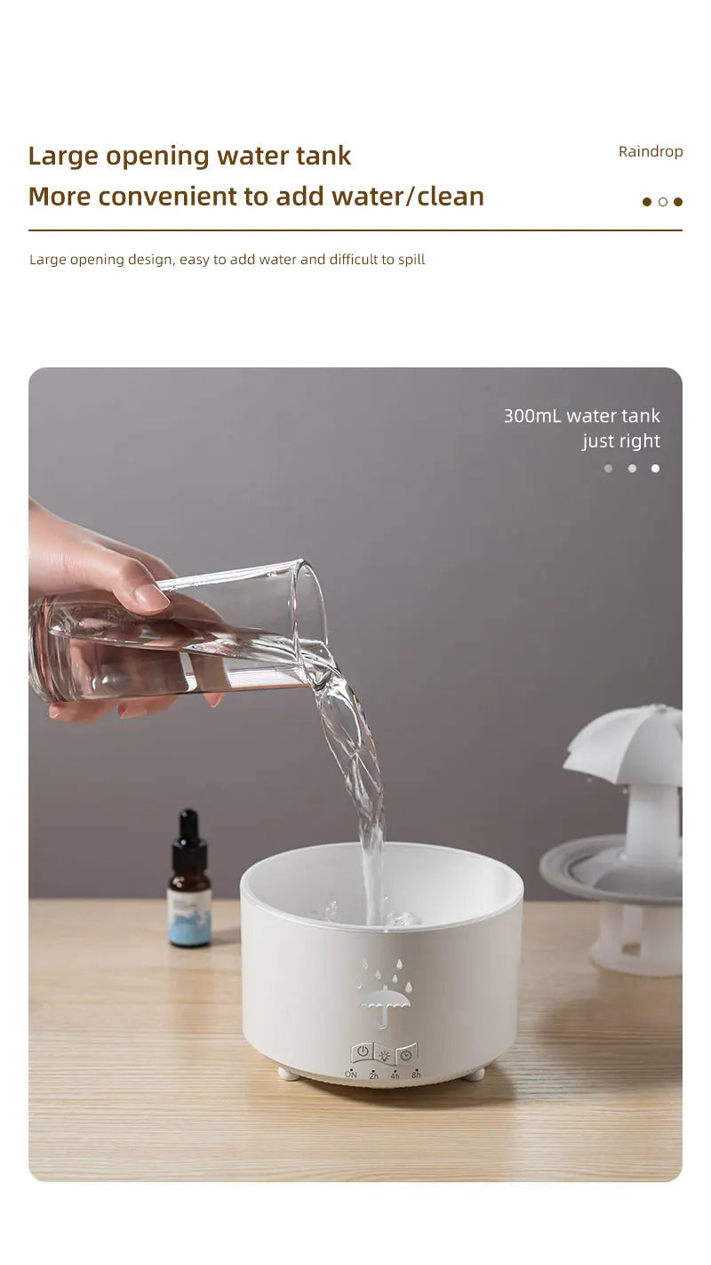 Umidificador Nuvem Chuva – Difusor de Óleos Essenciais, Luminária Noturna e Fonte Decorativa