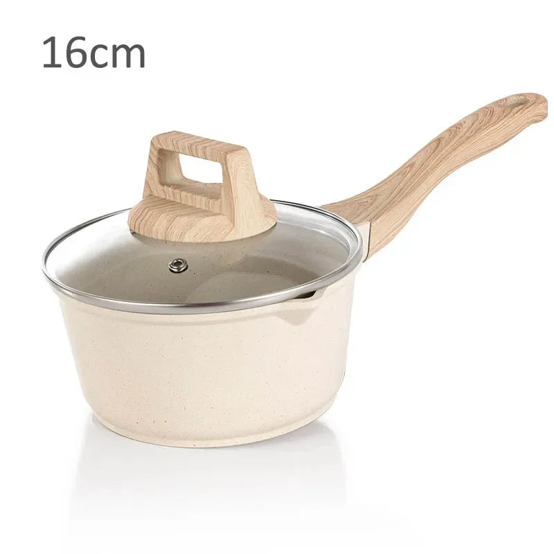 Conjunto de Panelas Antiaderente Maifan Stone – Frigideira, Panela de Leite e Panela de Sopa com Cabo de Madeira