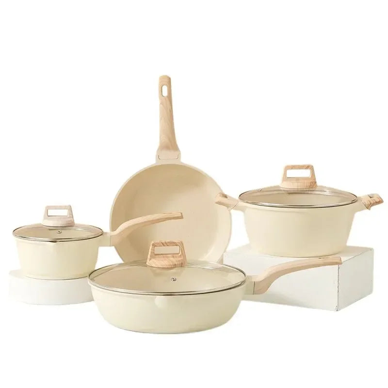 Conjunto de Panelas Antiaderente Maifan Stone – Frigideira, Panela de Leite e Panela de Sopa com Cabo de Madeira