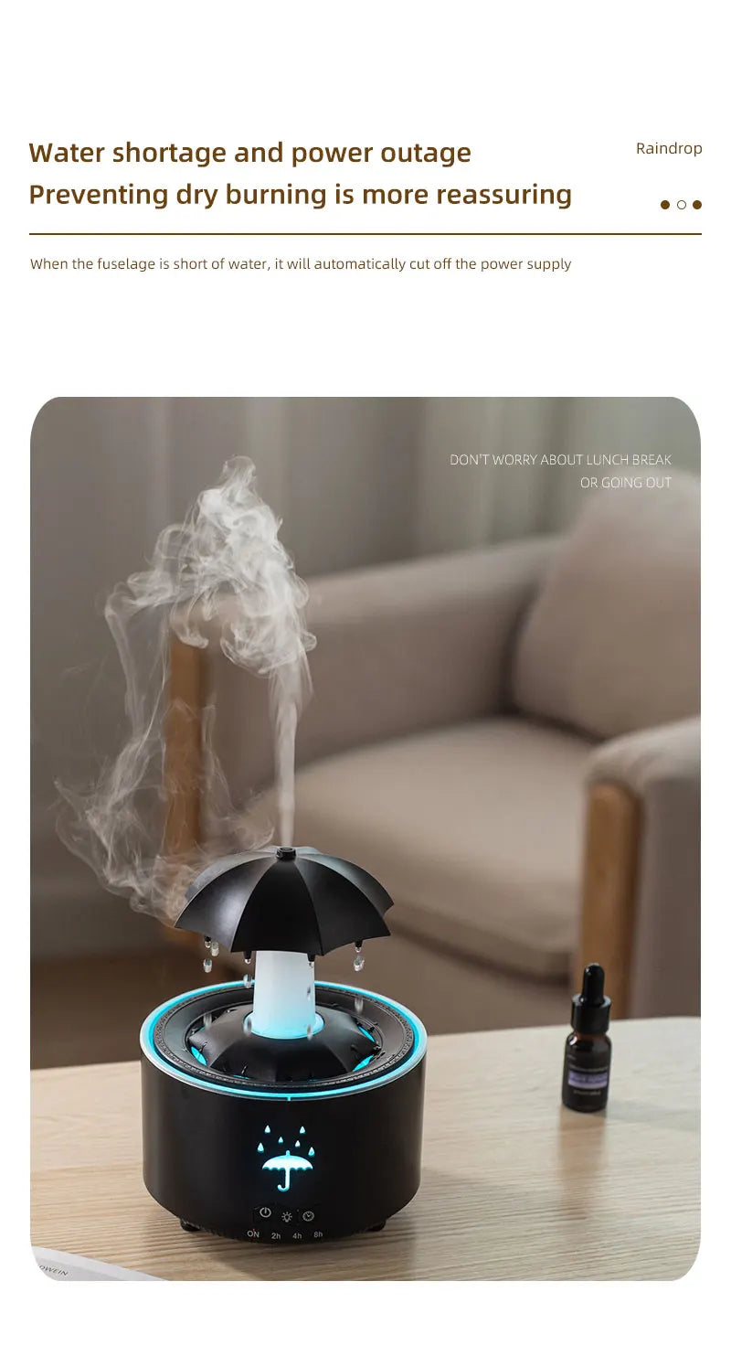 Umidificador Nuvem Chuva – Difusor de Óleos Essenciais, Luminária Noturna e Fonte Decorativa