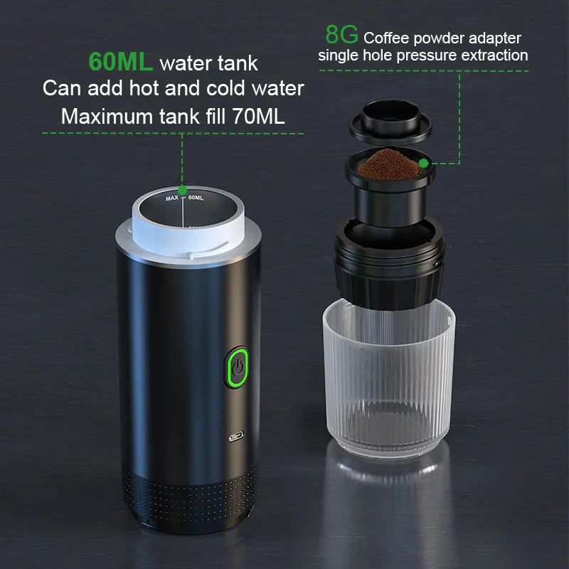 Máquina de Café Espresso Portátil 3 em 1 – 20 Bares de Pressão, Recarregável via USB, Para Cápsulas e Café Moído