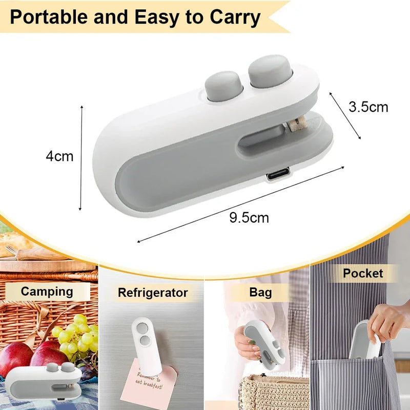 Mini Selador de Sacos 2 em 1 – Recarregável, Portátil com Cortador, Mantém Alimentos Frescos