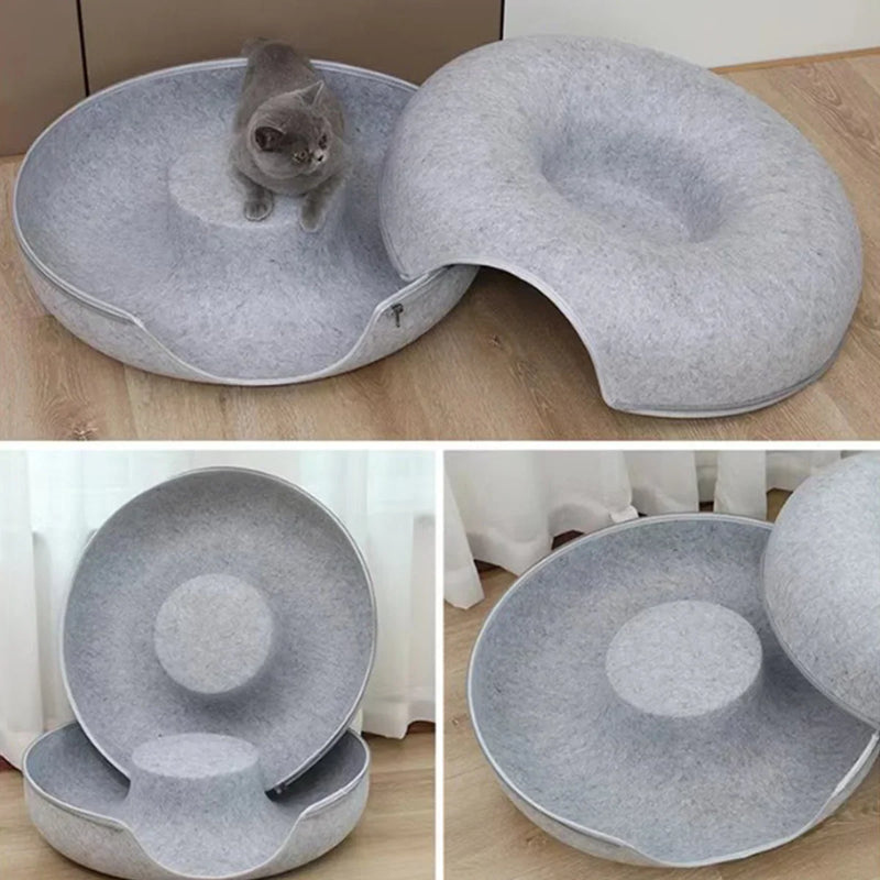 Cama Donut em Feltro para Gatos – Conforto e Brincadeira em Um Só Produto