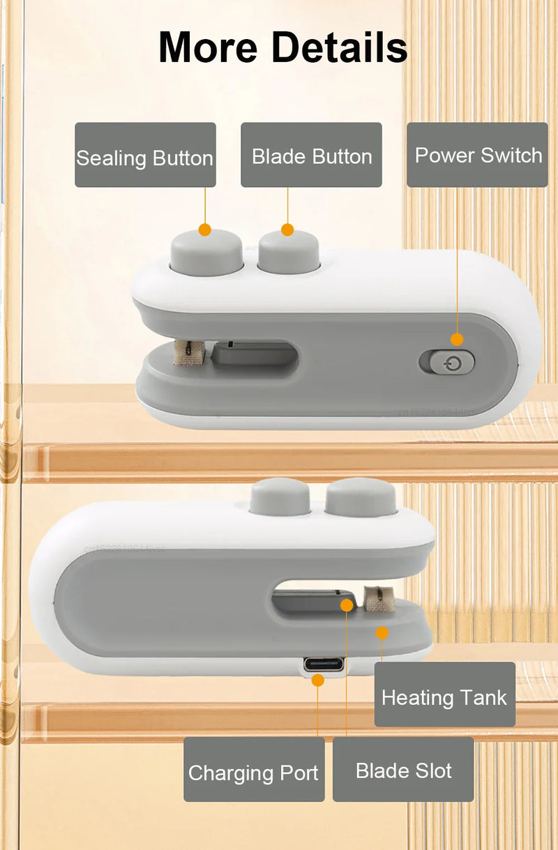 Mini Selador de Sacos 2 em 1 – Recarregável, Portátil com Cortador, Mantém Alimentos Frescos