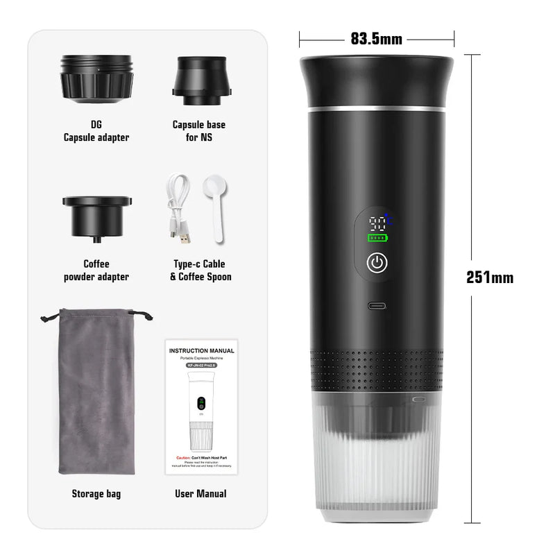 Máquina de Café Espresso Portátil 3 em 1 – 20 Bares de Pressão, Recarregável via USB, Para Cápsulas e Café Moído