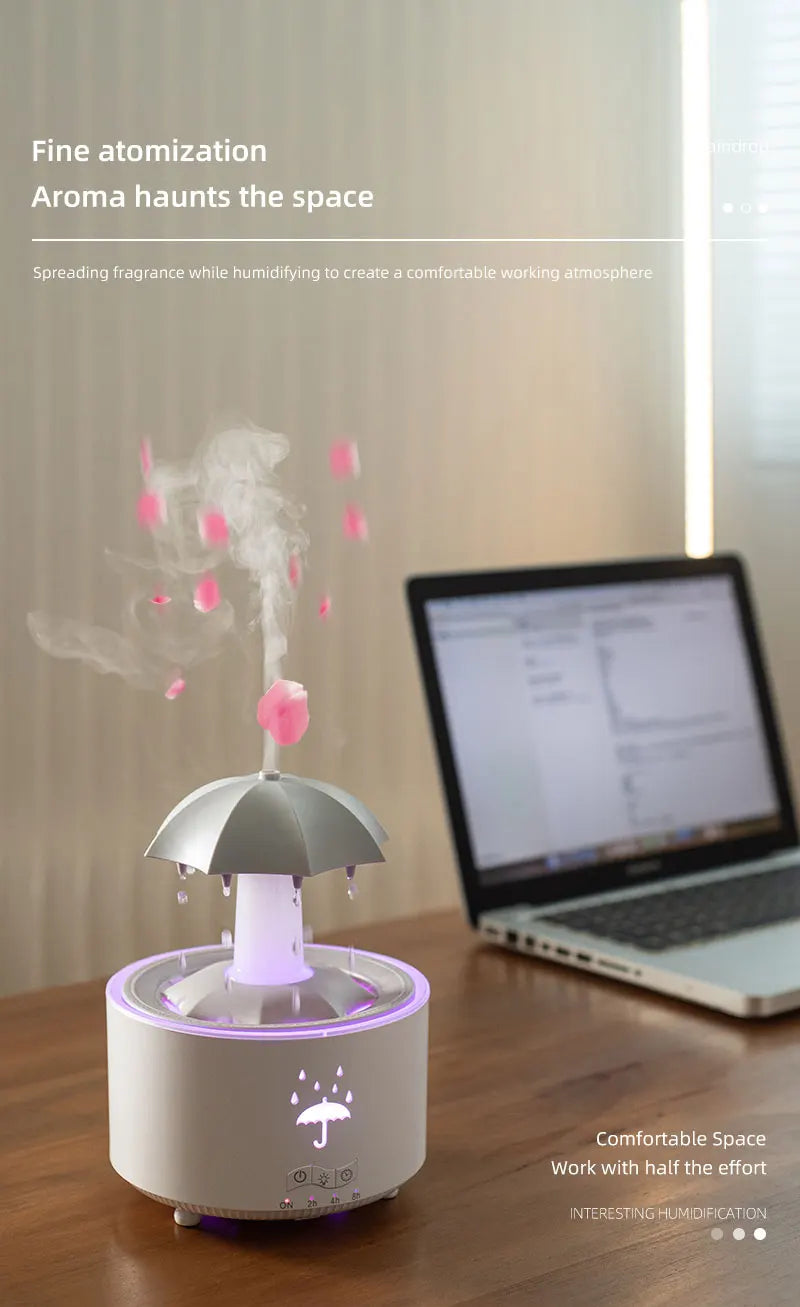 Umidificador Nuvem Chuva – Difusor de Óleos Essenciais, Luminária Noturna e Fonte Decorativa
