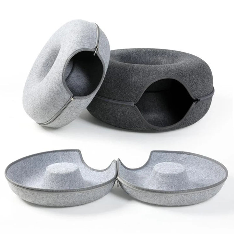 Cama Donut em Feltro para Gatos – Conforto e Brincadeira em Um Só Produto