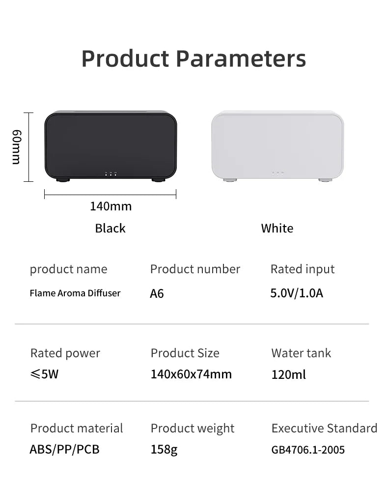 Mini Difusor de Aromas & Umidificador – Chama de LED + Névoa Ultrassônica