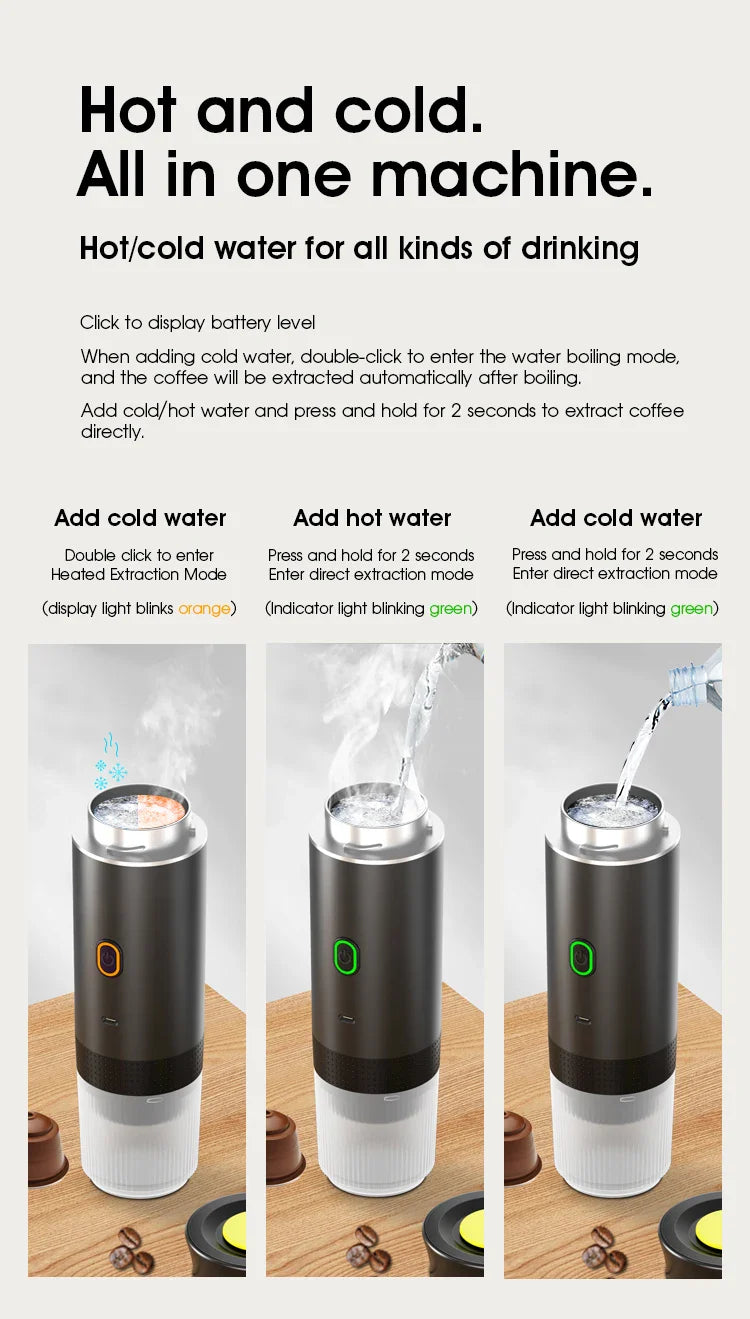 Máquina de Café Espresso Portátil 3 em 1 – 20 Bares de Pressão, Recarregável via USB, Para Cápsulas e Café Moído