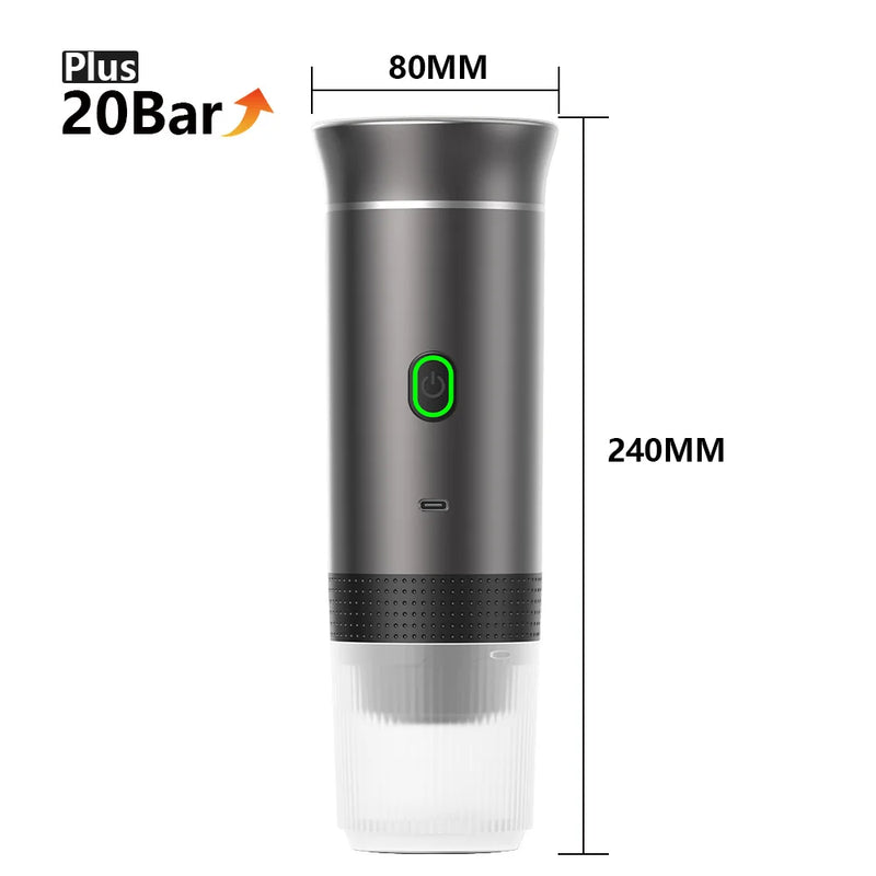 Máquina de Café Espresso Portátil 3 em 1 – 20 Bares de Pressão, Recarregável via USB, Para Cápsulas e Café Moído
