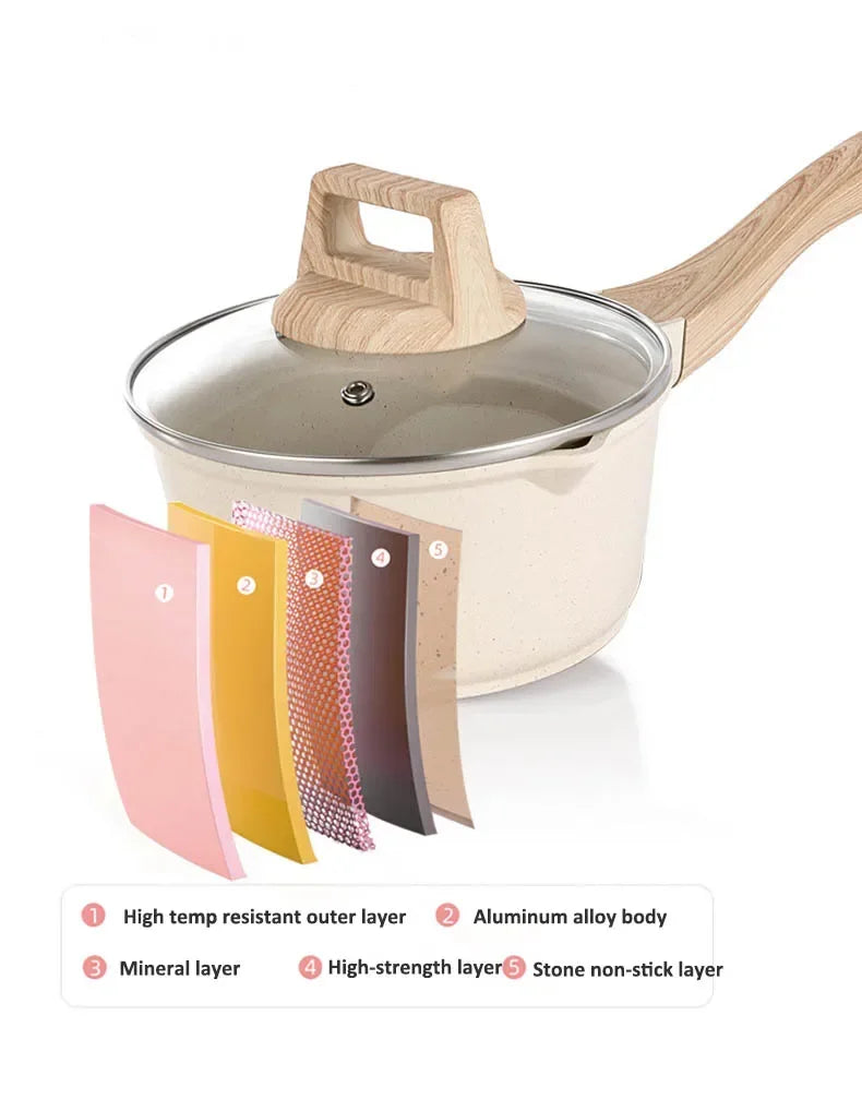 Conjunto de Panelas Antiaderente Maifan Stone – Frigideira, Panela de Leite e Panela de Sopa com Cabo de Madeira