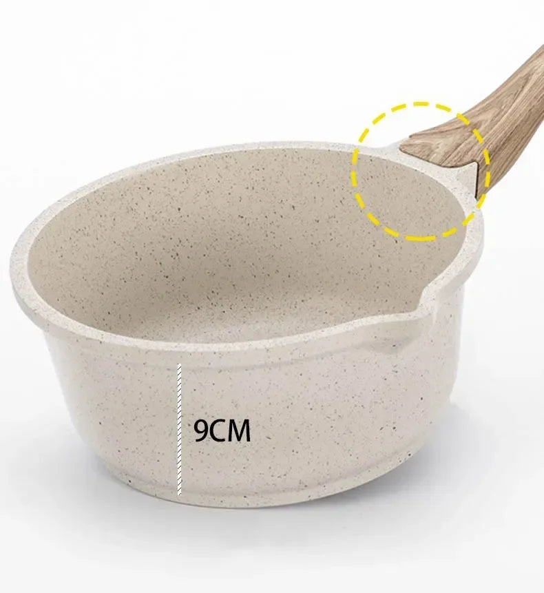 Conjunto de Panelas Antiaderente Maifan Stone – Frigideira, Panela de Leite e Panela de Sopa com Cabo de Madeira