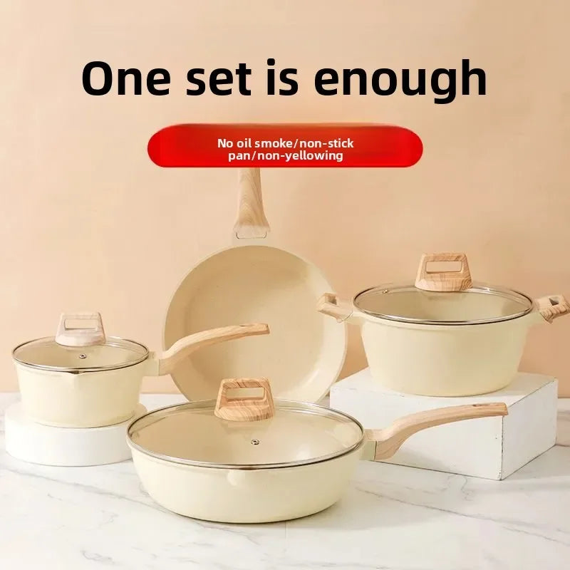 Conjunto de Panelas Antiaderente Maifan Stone – Frigideira, Panela de Leite e Panela de Sopa com Cabo de Madeira