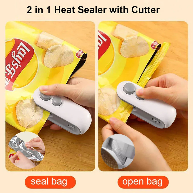 Mini Selador de Sacos 2 em 1 – Recarregável, Portátil com Cortador, Mantém Alimentos Frescos