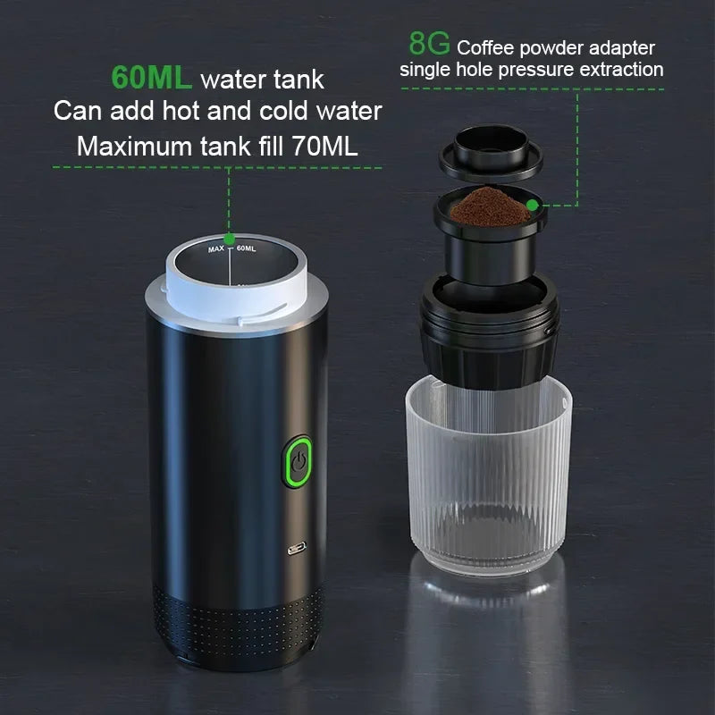 Máquina de Café Espresso Portátil 3 em 1 – 20 Bares de Pressão, Recarregável via USB, Para Cápsulas e Café Moído