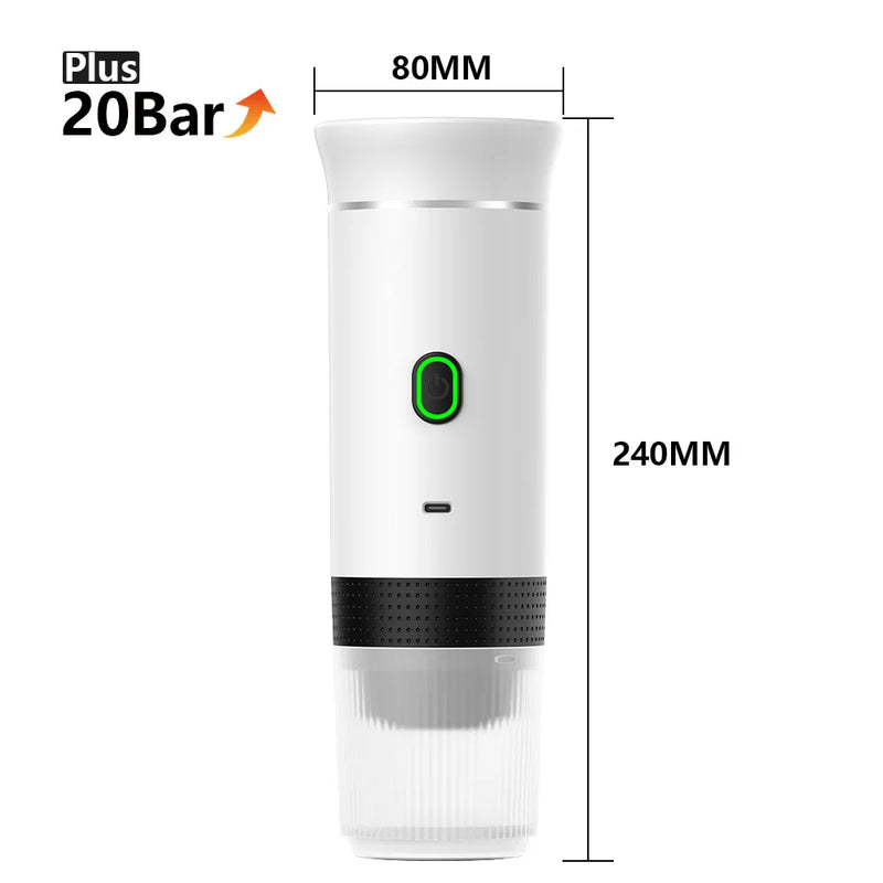 Máquina de Café Espresso Portátil 3 em 1 – 20 Bares de Pressão, Recarregável via USB, Para Cápsulas e Café Moído