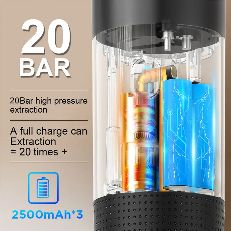 Máquina de Café Espresso Portátil 3 em 1 – 20 Bares de Pressão, Recarregável via USB, Para Cápsulas e Café Moído