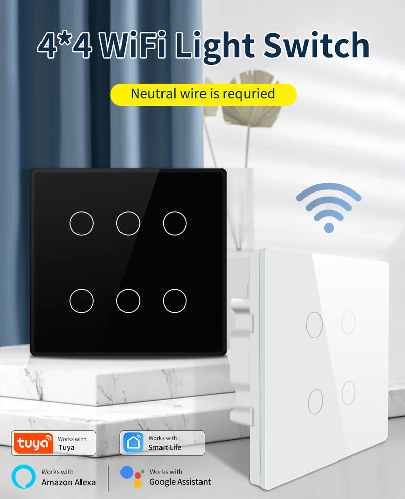 Interruptor Inteligente Tuya WiFi Padrão 4x4 – 4/6/8 Teclas Touch com Controle por Voz (Alexa/Google Home)