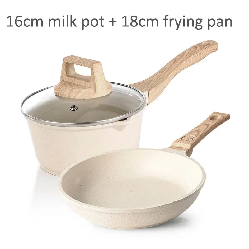 Conjunto de Panelas Antiaderente Maifan Stone – Frigideira, Panela de Leite e Panela de Sopa com Cabo de Madeira
