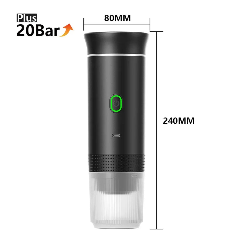 Máquina de Café Espresso Portátil 3 em 1 – 20 Bares de Pressão, Recarregável via USB, Para Cápsulas e Café Moído
