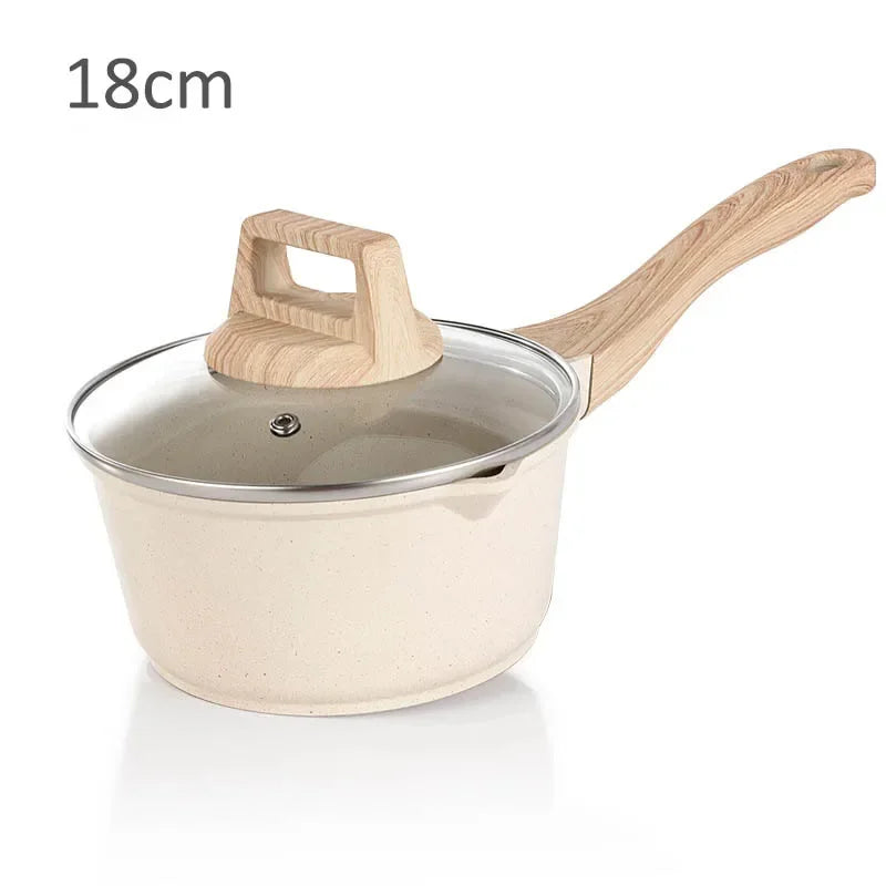 Conjunto de Panelas Antiaderente Maifan Stone – Frigideira, Panela de Leite e Panela de Sopa com Cabo de Madeira