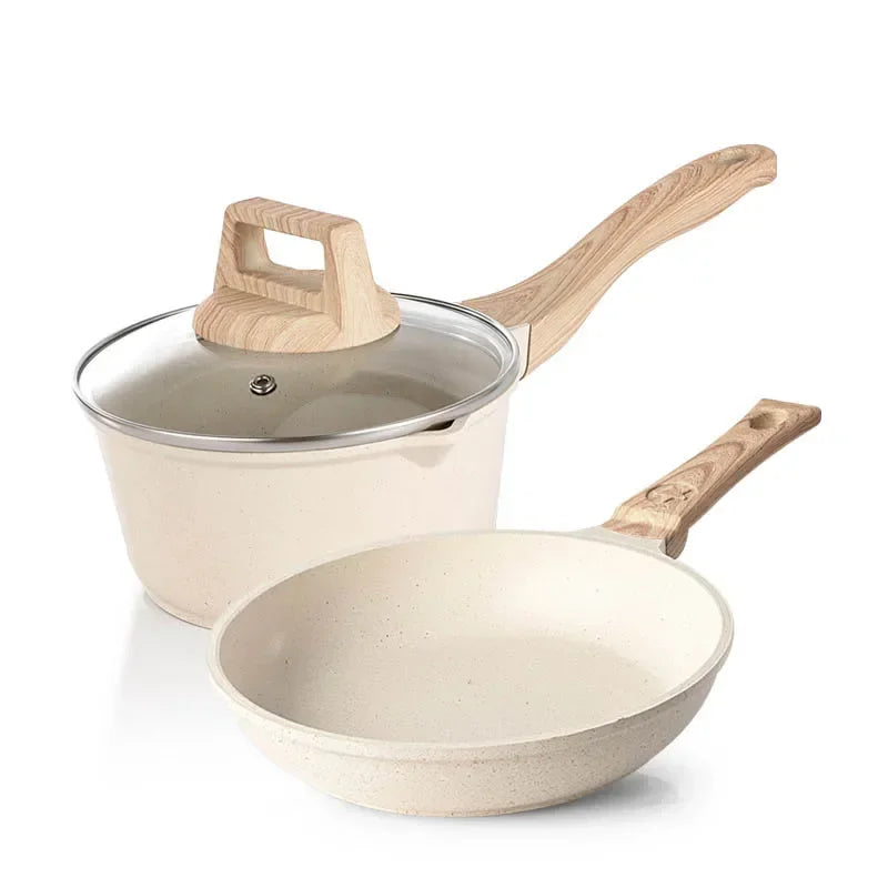 Conjunto de Panelas Antiaderente Maifan Stone – Frigideira, Panela de Leite e Panela de Sopa com Cabo de Madeira