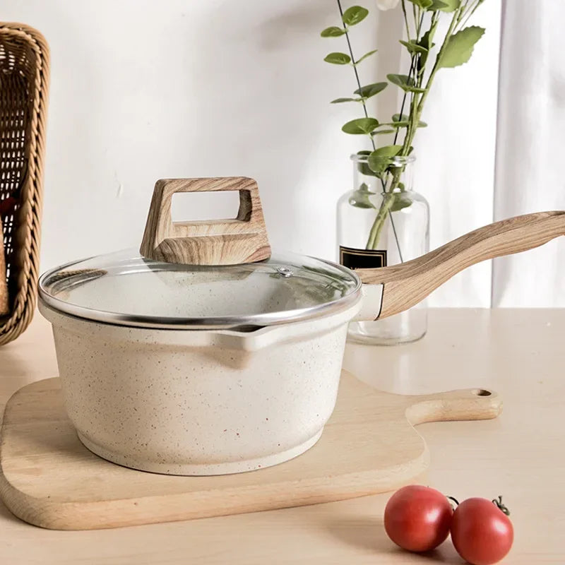 Conjunto de Panelas Antiaderente Maifan Stone – Frigideira, Panela de Leite e Panela de Sopa com Cabo de Madeira