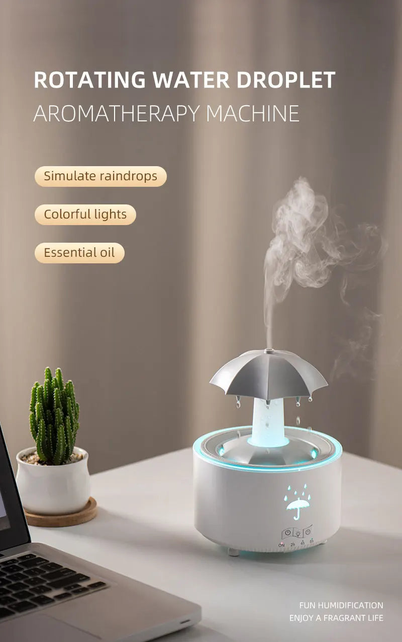 Umidificador Nuvem Chuva – Difusor de Óleos Essenciais, Luminária Noturna e Fonte Decorativa