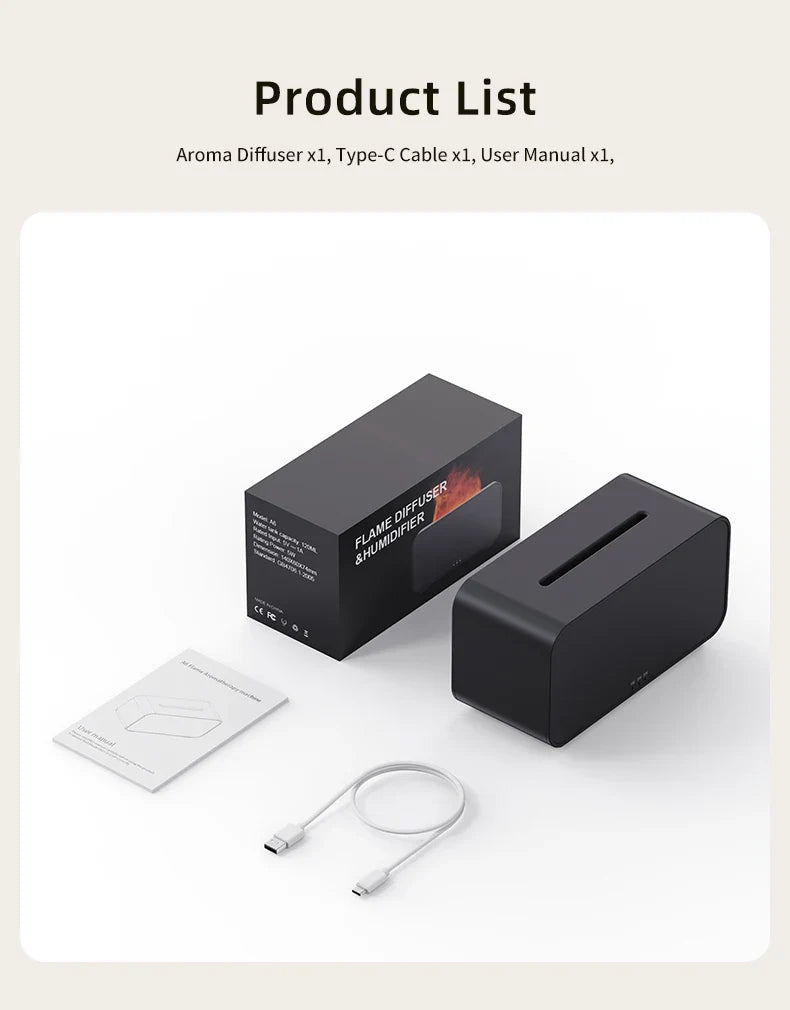 Mini Difusor de Aromas & Umidificador – Chama de LED + Névoa Ultrassônica