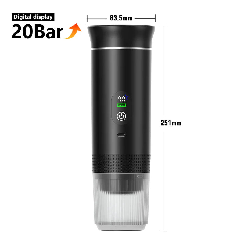 Máquina de Café Espresso Portátil 3 em 1 – 20 Bares de Pressão, Recarregável via USB, Para Cápsulas e Café Moído
