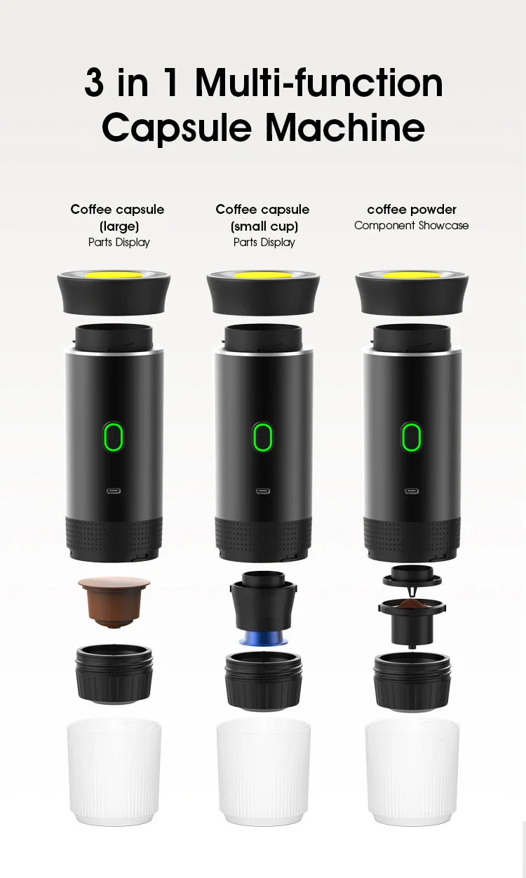 Máquina de Café Espresso Portátil 3 em 1 – 20 Bares de Pressão, Recarregável via USB, Para Cápsulas e Café Moído